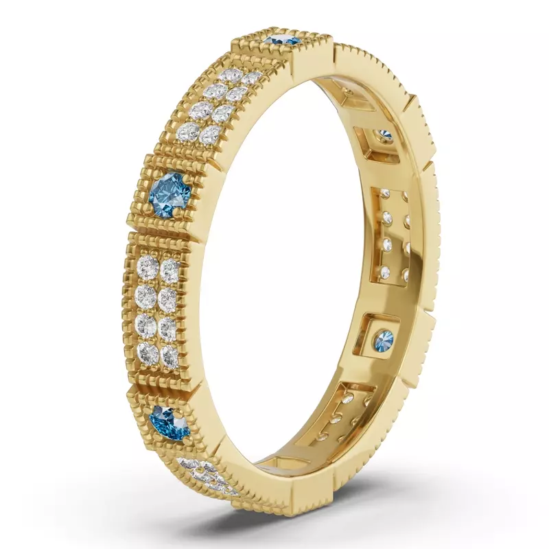 18K Yellow Gold Swiss Blue Topaz & Diamond Milgrain Eternity Band