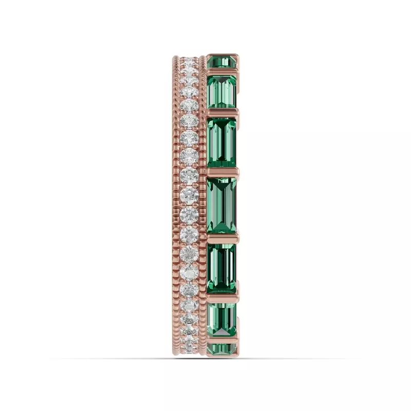 18K Rose Gold Emerald Baguette & Lab Diamond Double Row Eternity Band