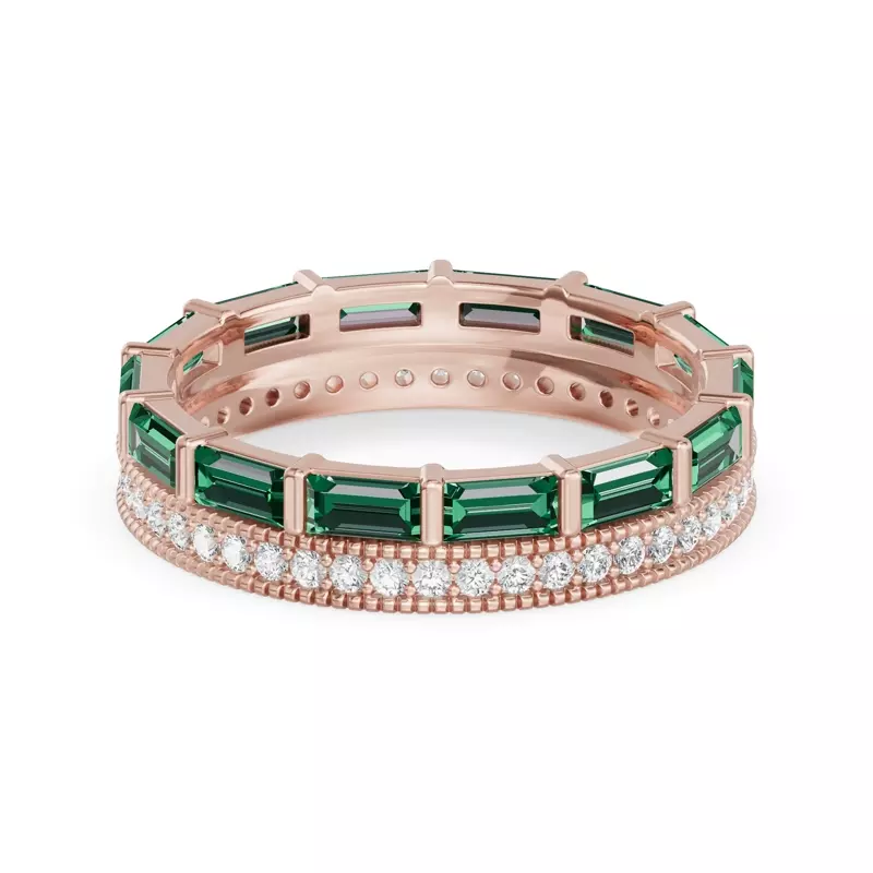 Emerald Baguette & Diamond Double Row Eternity Band