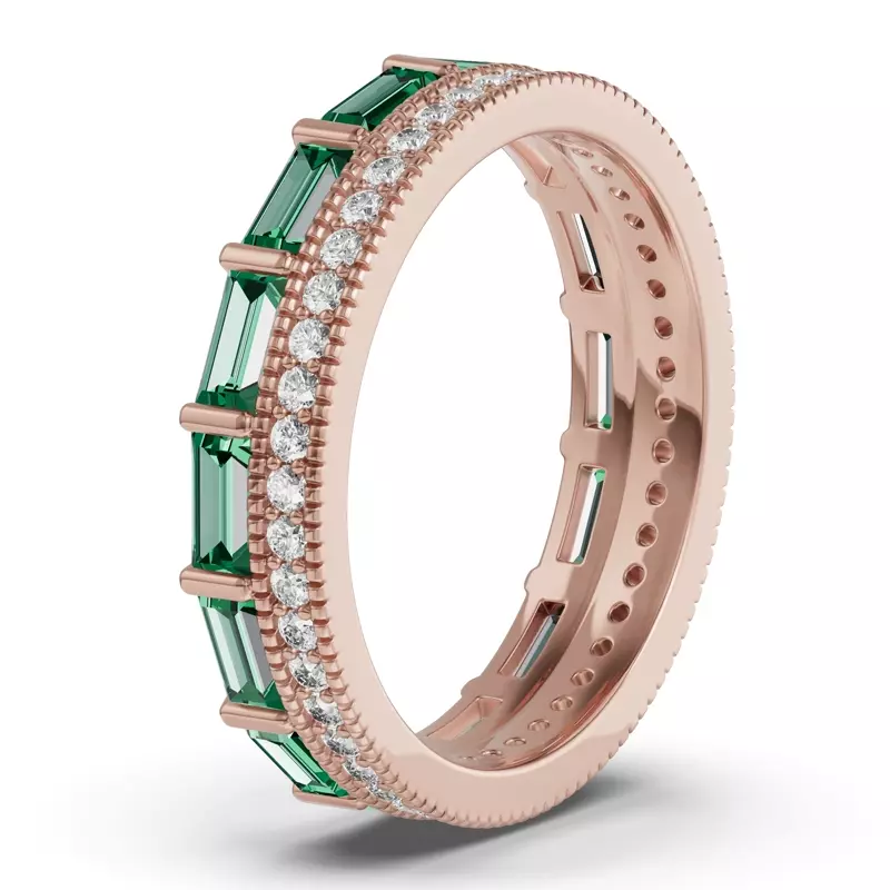 18K Rose Gold Emerald Baguette & Diamond Double Row Eternity Band