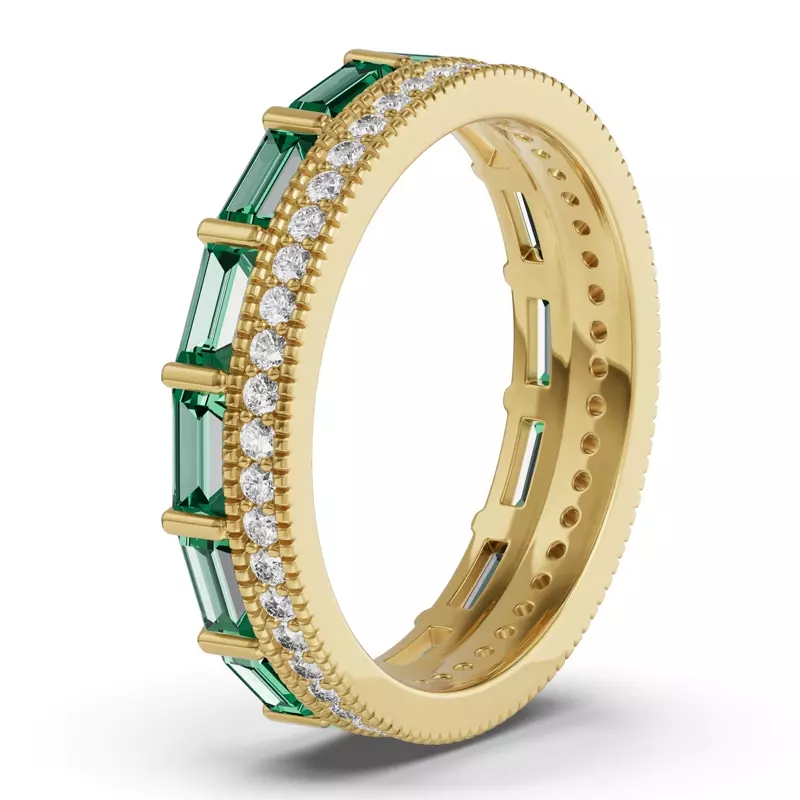 18K Yellow Gold Emerald Baguette & Lab Diamond Double Row Eternity Band