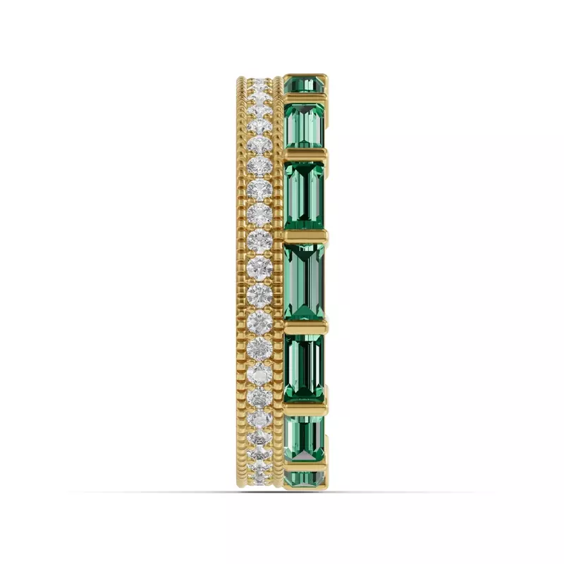 18K Yellow Gold Emerald Baguette & Lab Diamond Double Row Eternity Band