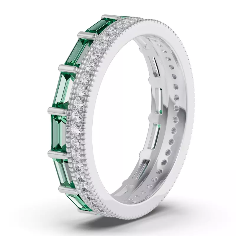 Platinum Emerald Baguette & Diamond Double Row Eternity Band
