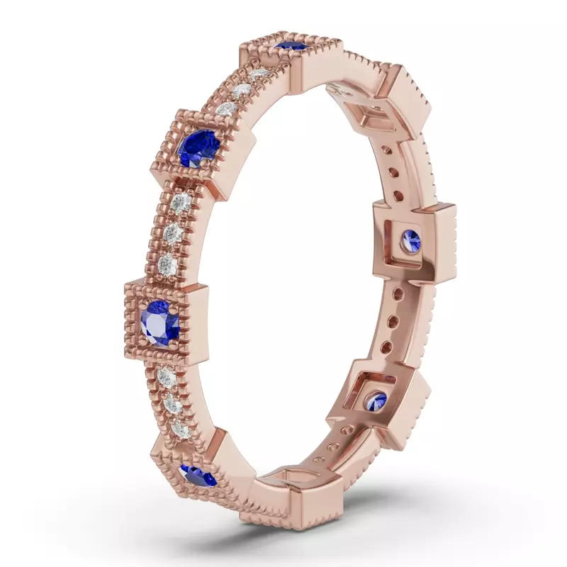 14K Rose Gold Sapphire & Lab Diamond Milgrain Eternity Band