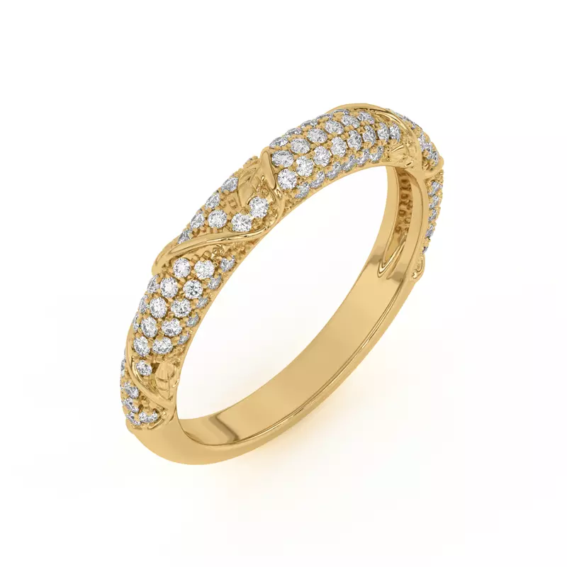 14K Yellow Gold Laurel Twisting Vine And Leaf Pavé Band