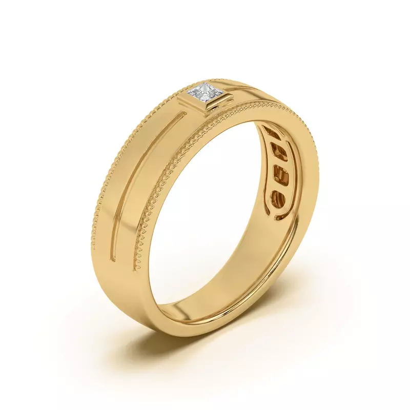 14K Yellow Gold Raised Bezel Princess-Cut Grooved Milgrain Band