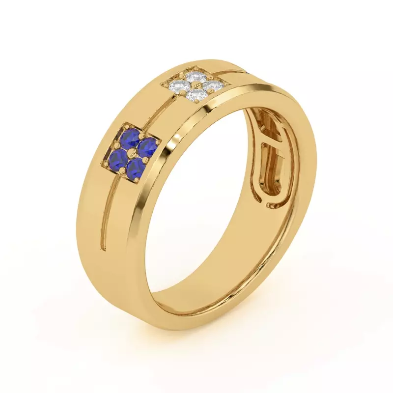 14K Yellow Gold Quad Sapphire and Diamond Groove Band