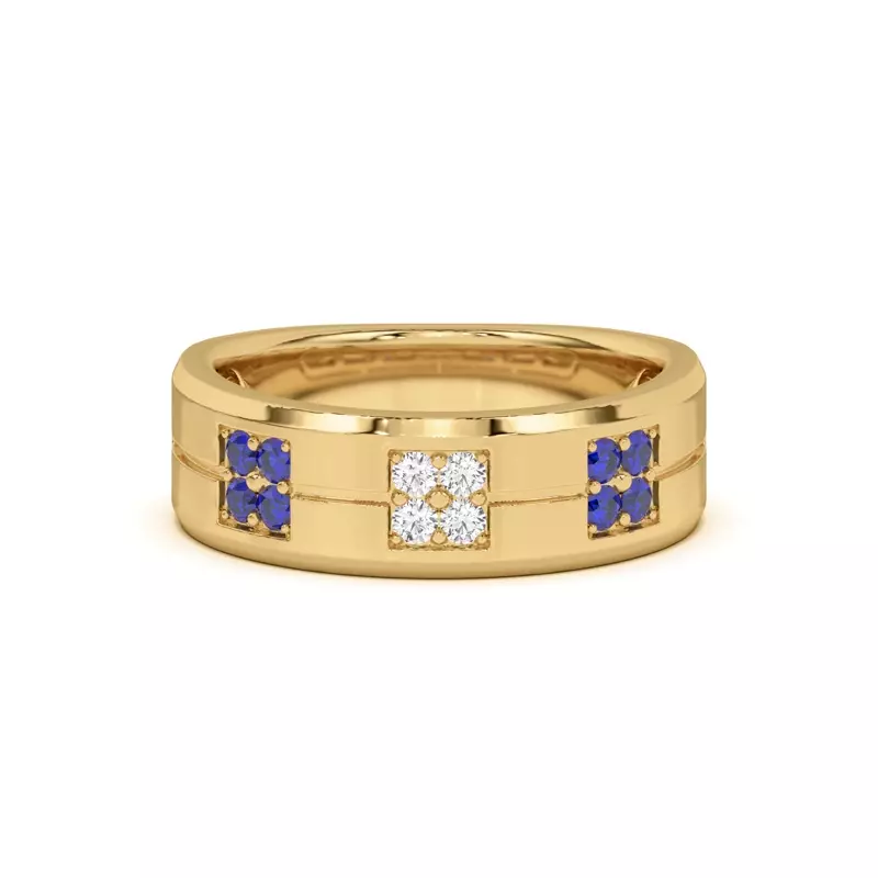 18K Yellow Gold Quad Sapphire and Diamond Groove Band