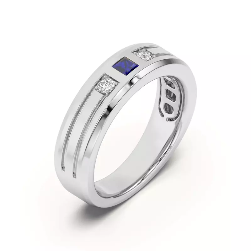 18K White Gold Diamond And Sapphire Grooved Band