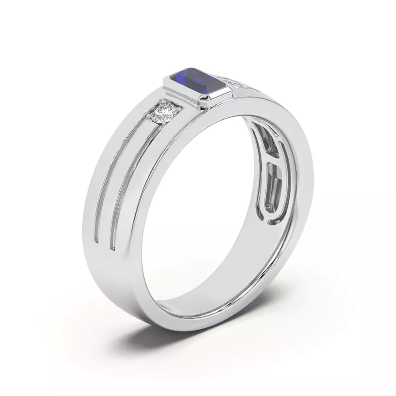 14K White Gold Emerald-Cut Sapphire and Diamond Grooved Band