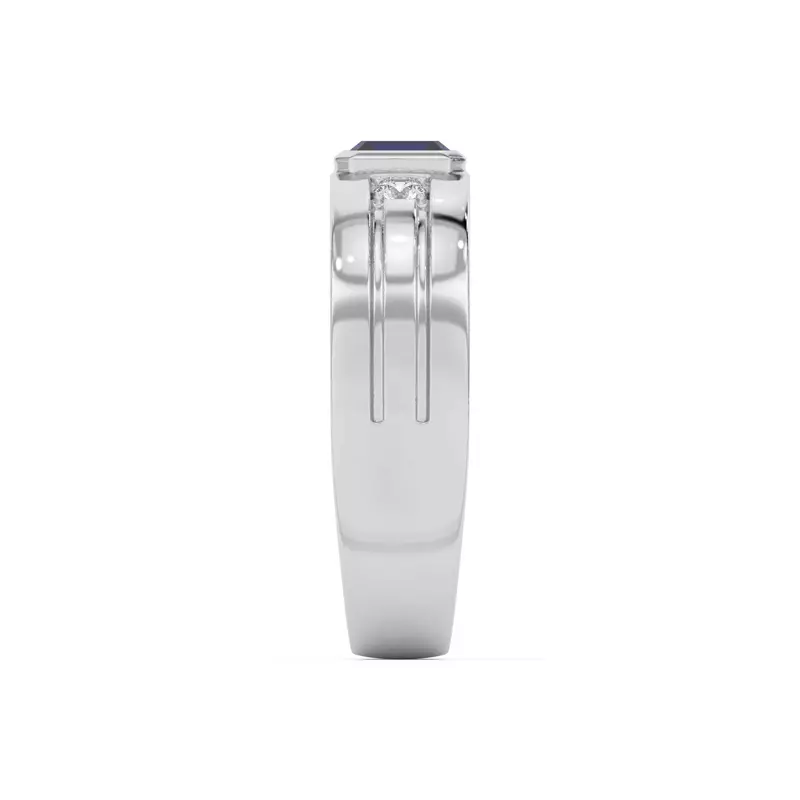 14K White Gold Emerald-Cut Sapphire and Diamond Grooved Band