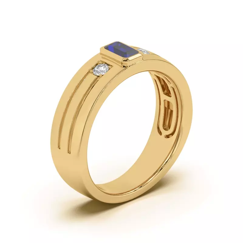 14K Yellow Gold Emerald-Cut Sapphire and Diamond Grooved Band