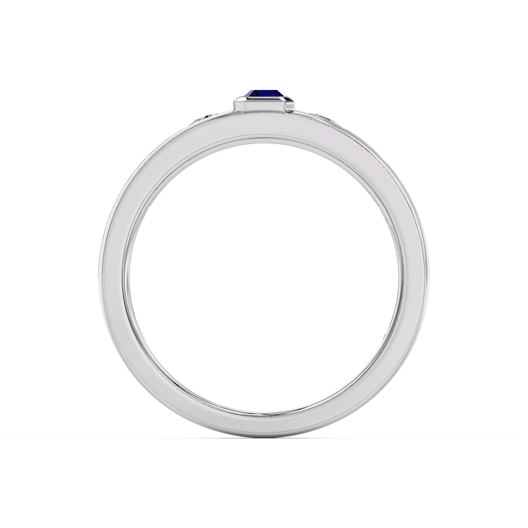 18K White Gold Emerald-Cut Sapphire and Diamond Grooved Band