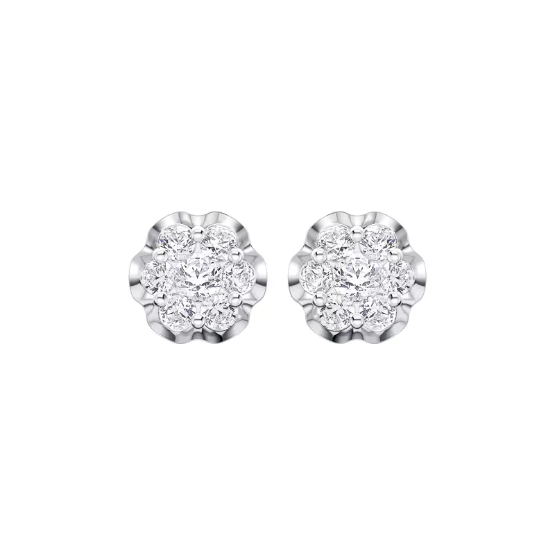 14K White Gold Camellia Scalloped Cluster Lab Earrings