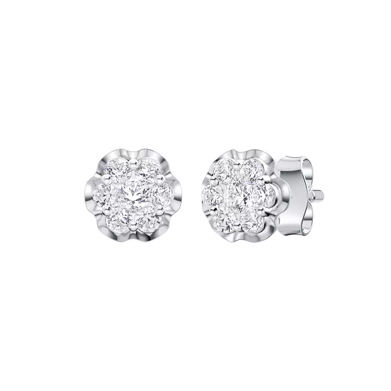 14K White Gold Camellia Scalloped Cluster Earrings