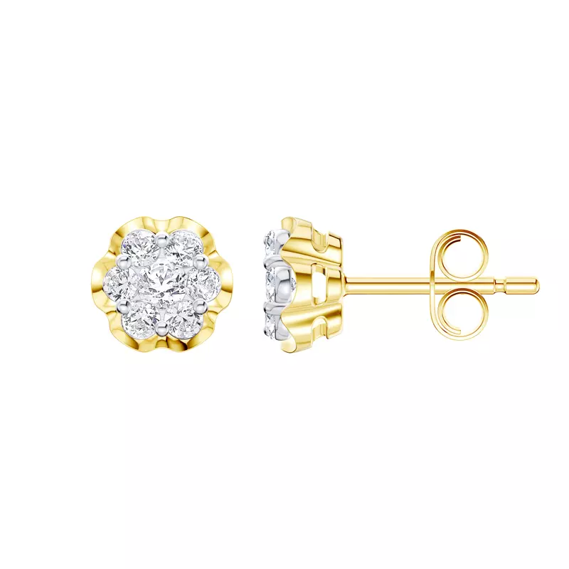 14K Yellow Gold Camellia Scalloped Cluster Lab Earrings