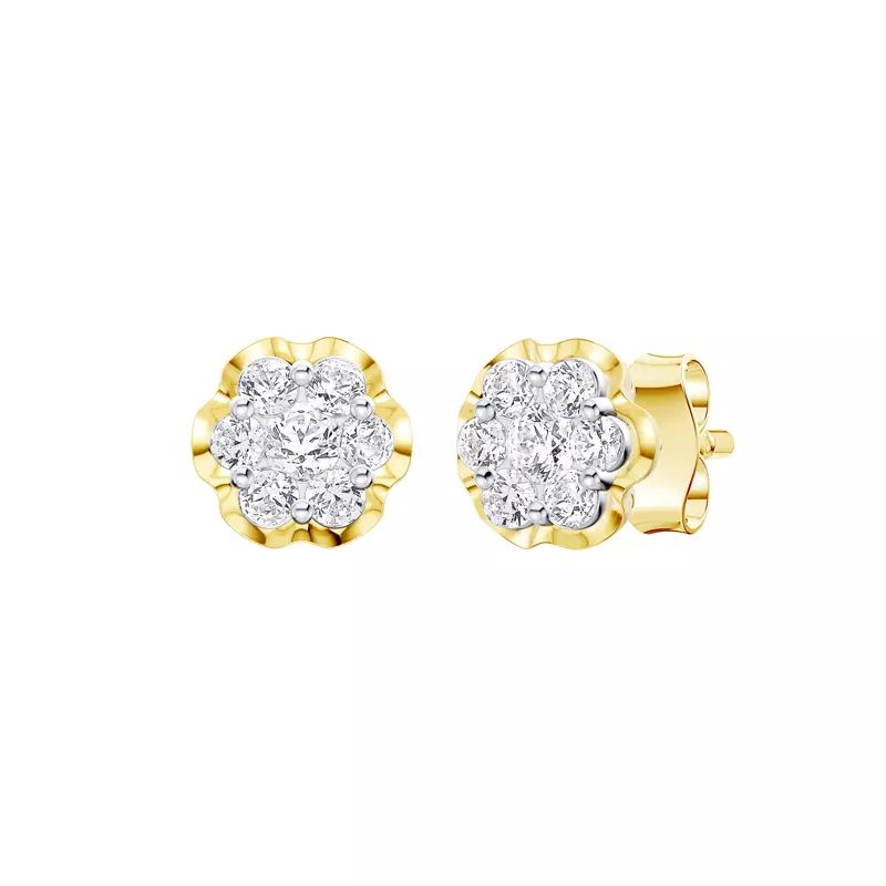 14K Yellow Gold Camellia Scalloped Cluster Lab Earrings