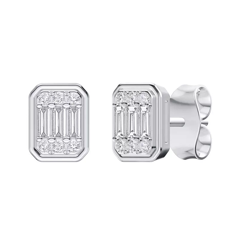 14K White Gold Emerelle Baguette & Round Lab Earrings