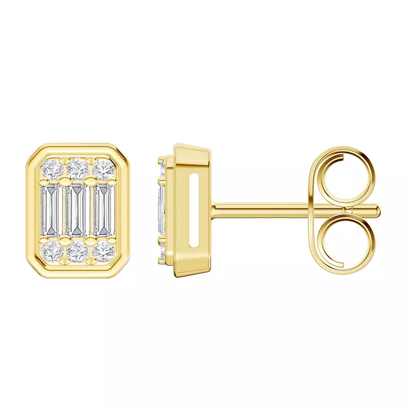 14K Yellow Gold Emerelle Baguette & Round Earrings