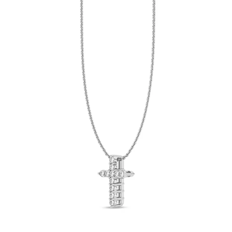 18K White Gold Classic Shared Prong Lab Diamond Cross Necklace (.10 ct. tw.)