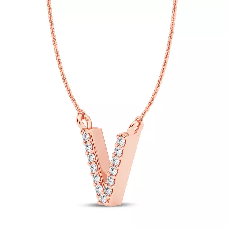 14K Rose Gold Diamond Initial Necklace – V