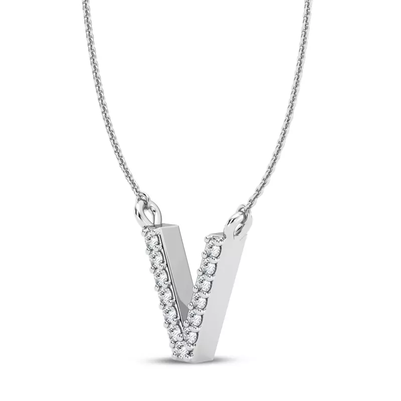 14K White Gold Diamond Initial Pendant – V
