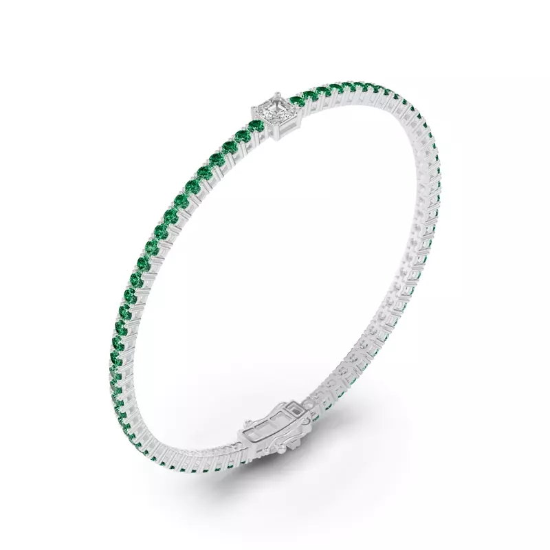 14K White Gold Lunava Green Emerald & Asscher Lab Diamond Tennis Bracelet