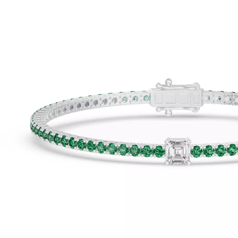 14K White Gold Lunava Green Emerald & Asscher Lab Diamond Tennis Bracelet