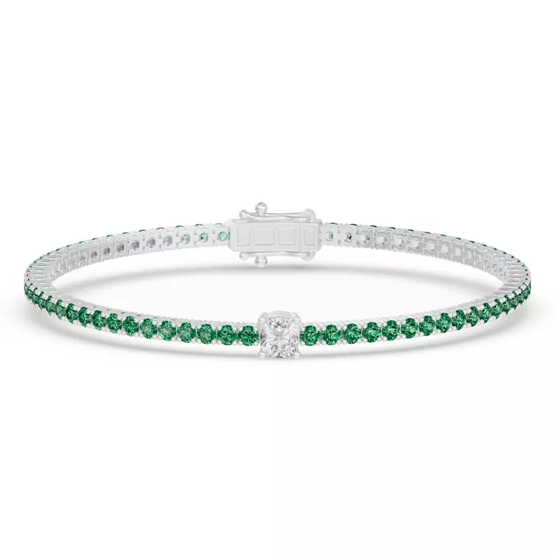 14K White Gold Lunava Green Emerald & Cushion Lab Diamond Tennis Bracelet