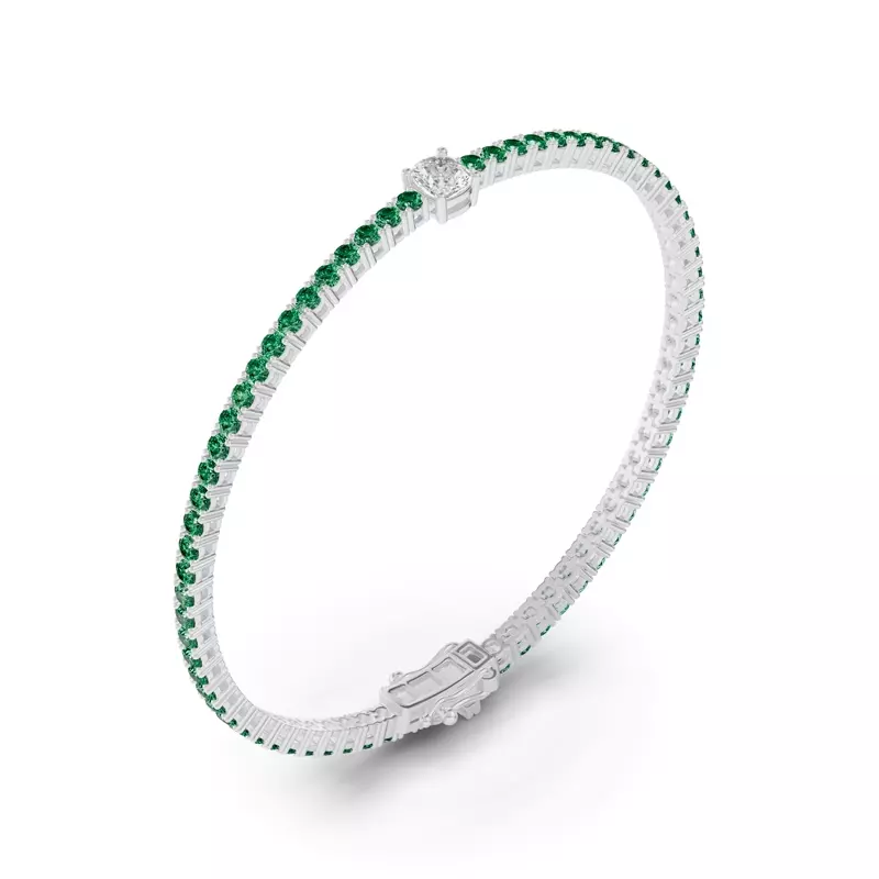 14K White Gold Lunava Green Emerald & Cushion Lab Diamond Tennis Bracelet