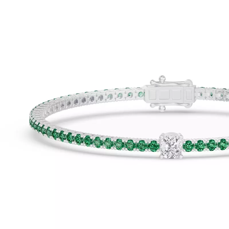 14K White Gold Lunava Green Emerald & Cushion Lab Diamond Tennis Bracelet