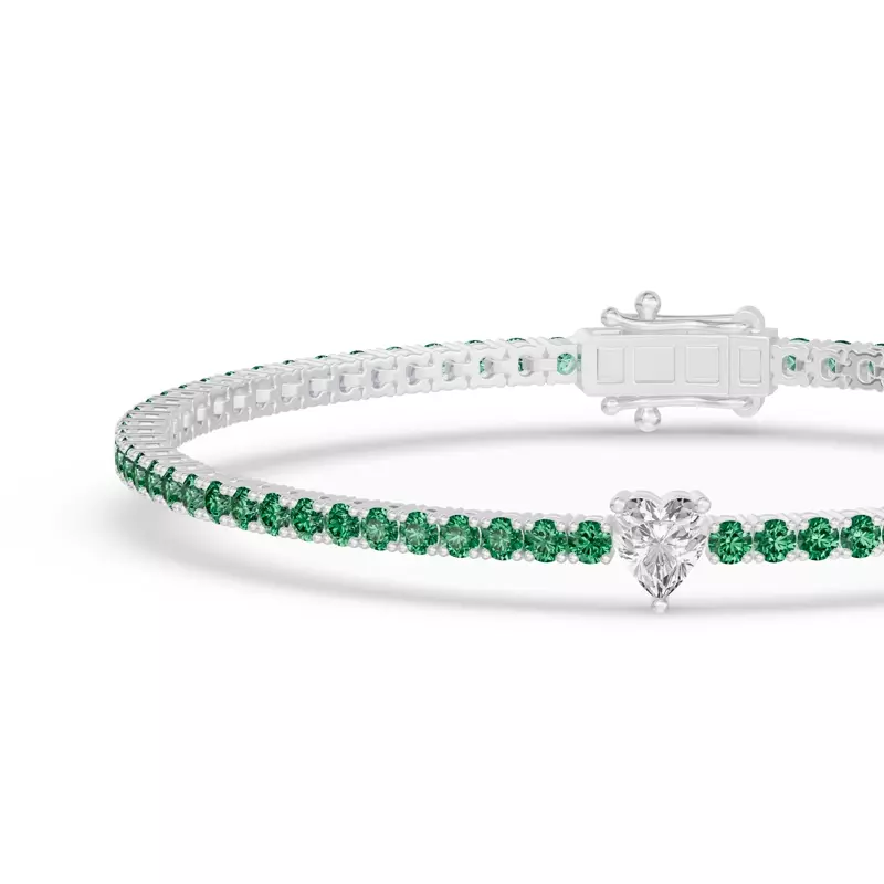 14K White Gold Lunava Green Emerald & Heart Lab Diamond Tennis Bracelet