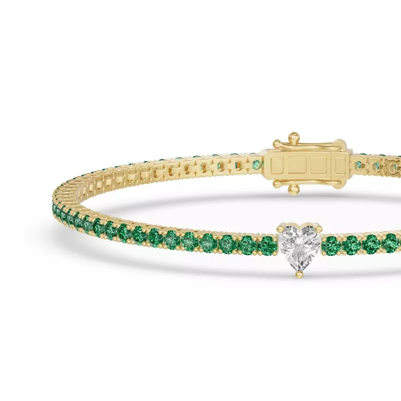 14K Yellow Gold Lunava Green Emerald & Heart Lab Diamond Tennis Bracelet
