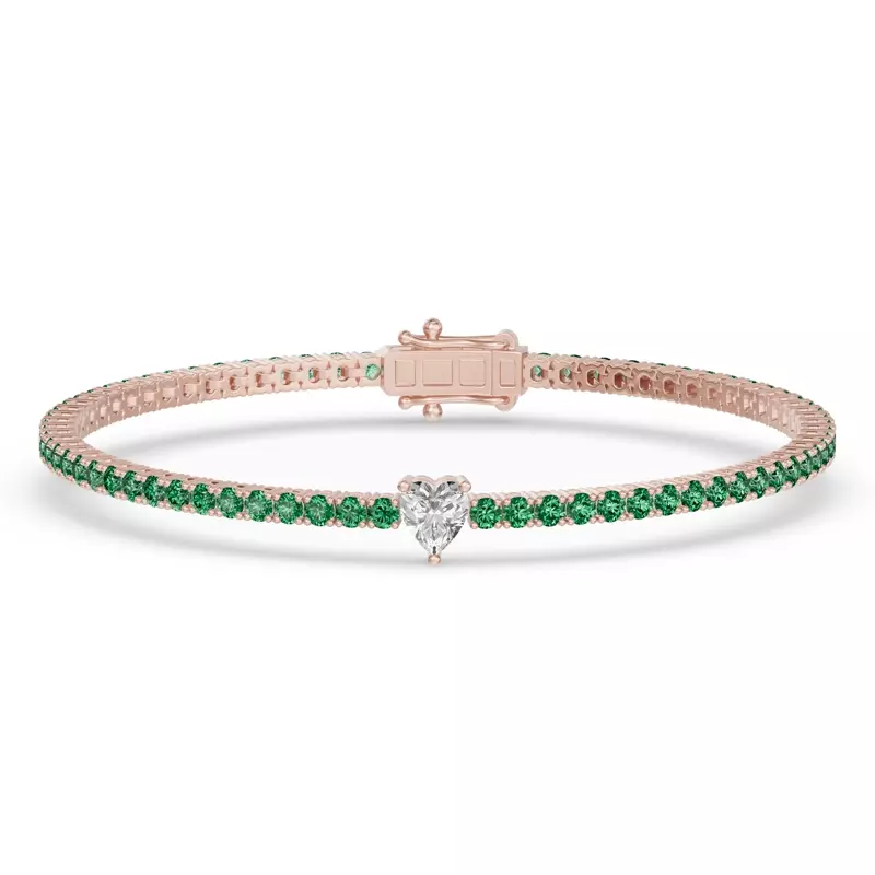 18K Rose Gold Lunava Green Emerald & Heart Lab Diamond Tennis Bracelet