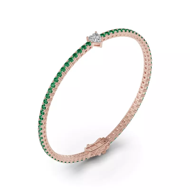 18K Rose Gold Lunava Green Emerald & Heart Lab Diamond Tennis Bracelet