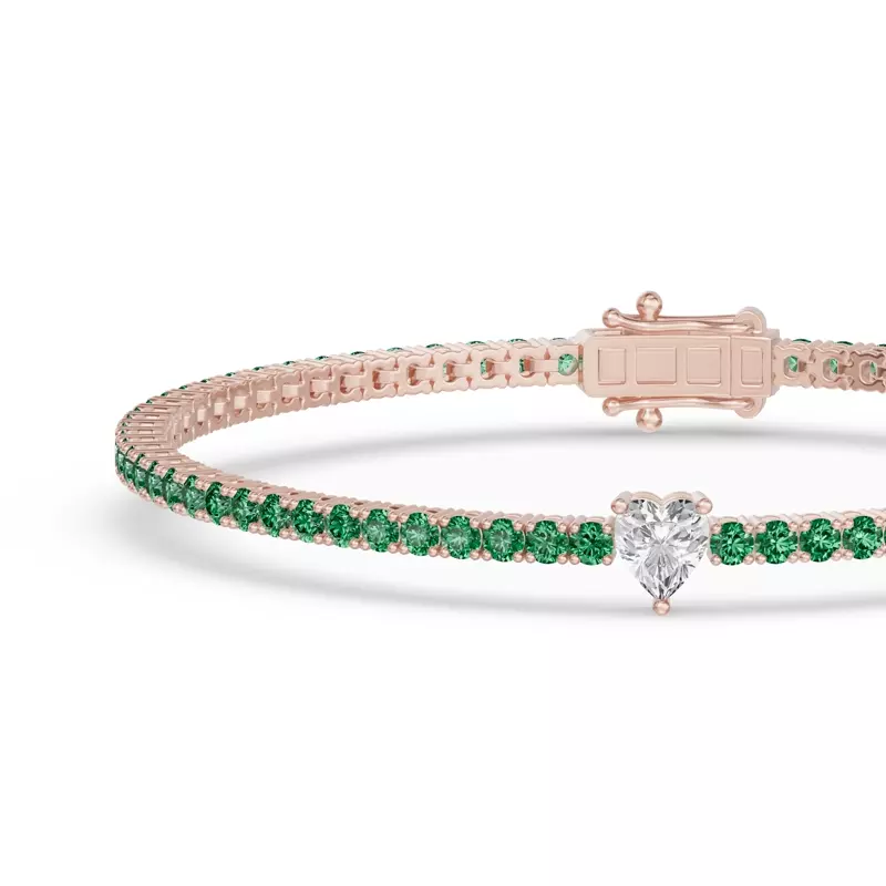 18K Rose Gold Lunava Green Emerald & Heart Lab Diamond Tennis Bracelet