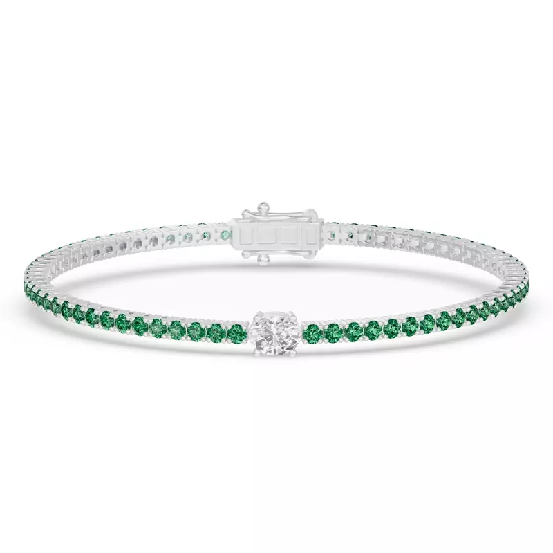 14K White Gold Lunava Green Emerald & Oval Lab Diamond Tennis Bracelet