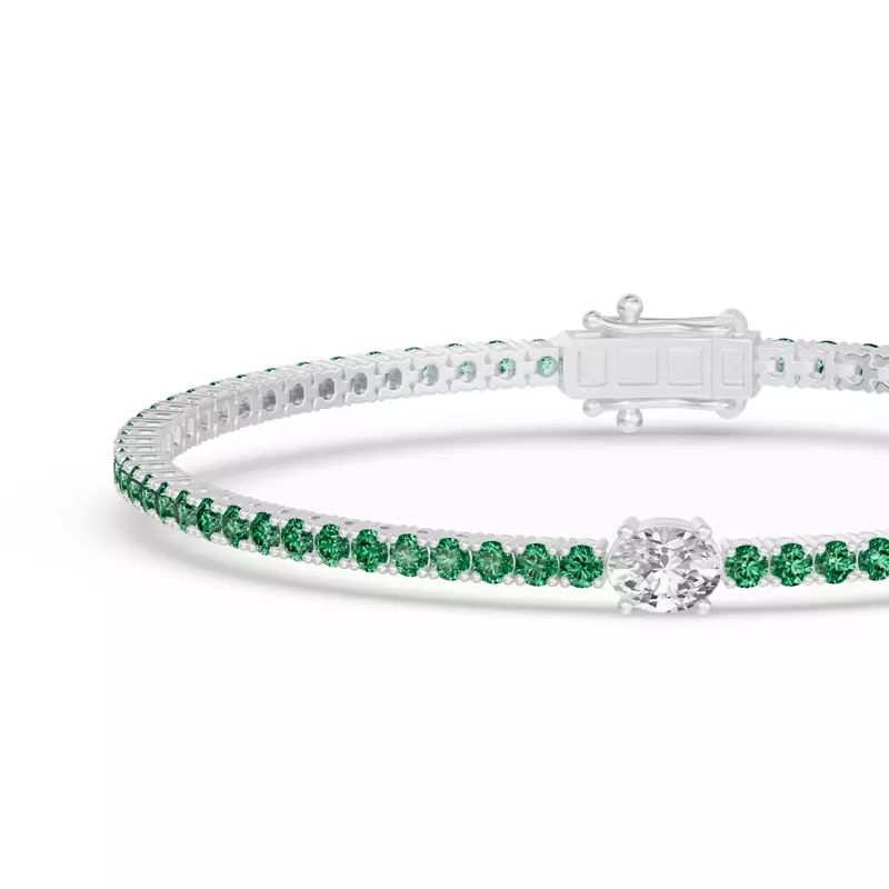 14K White Gold Lunava Green Emerald & Oval Lab Diamond Tennis Bracelet