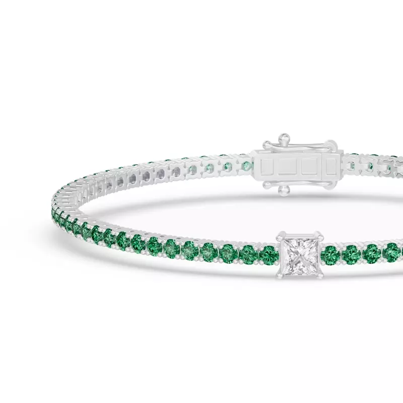 14K White Gold Lunava Green Emerald & Princess Lab Diamond Tennis Bracelet