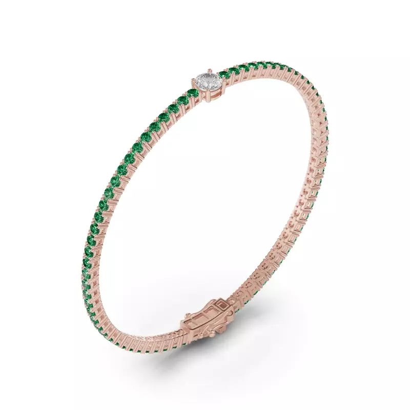 14K Rose Gold Lunava Green Emerald & Round Lab Diamond Tennis Bracelet