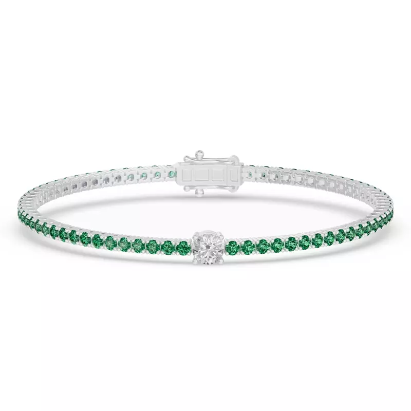 14K White Gold Lunava Green Emerald & Round Lab Diamond Tennis Bracelet