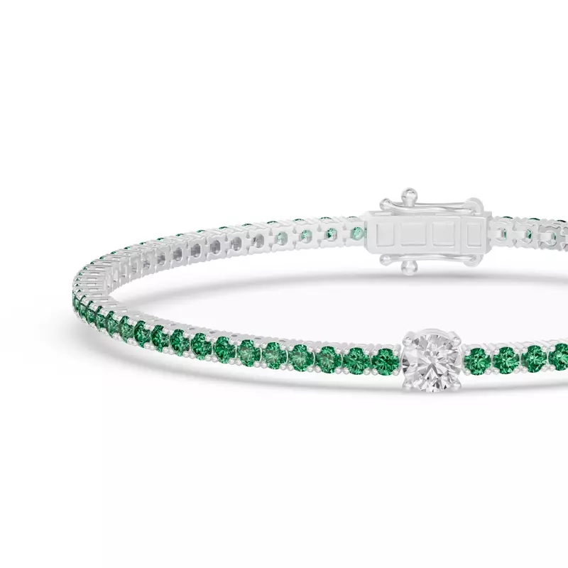 14K White Gold Lunava Green Emerald & Round Lab Diamond Tennis Bracelet