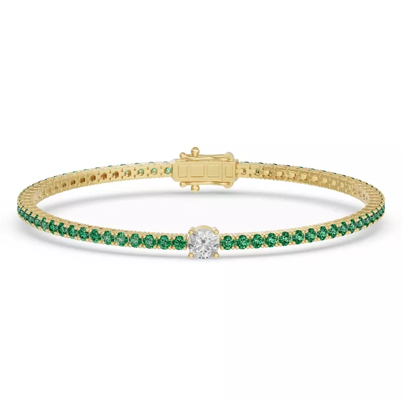14K Yellow Gold Lunava Green Emerald & Round Lab Diamond Tennis Bracelet
