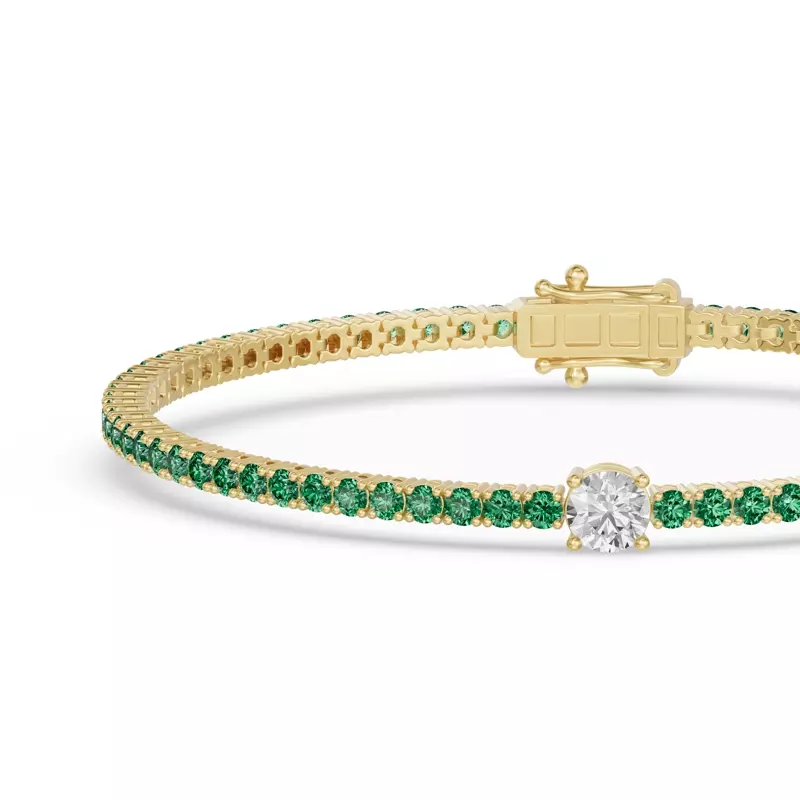 14K Yellow Gold Lunava Green Emerald & Round Lab Diamond Tennis Bracelet