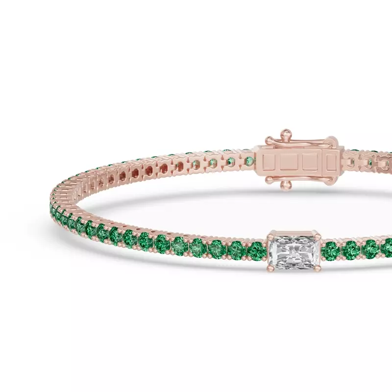 14K Rose Gold Lunava Green Emerald & Radiant Lab Diamond Tennis Bracelet