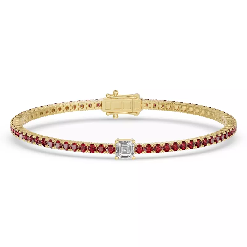 14K Yellow Gold Lunava Ruby & Asscher Lab Diamond Tennis Bracelet
