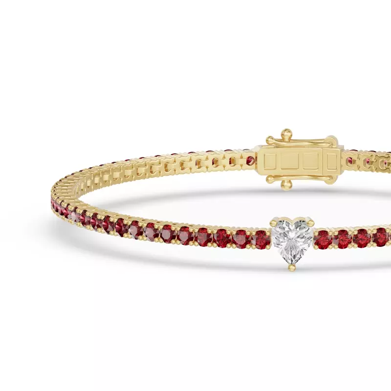 14K Yellow Gold Lunava Ruby & Heart Lab Diamond Tennis Bracelet