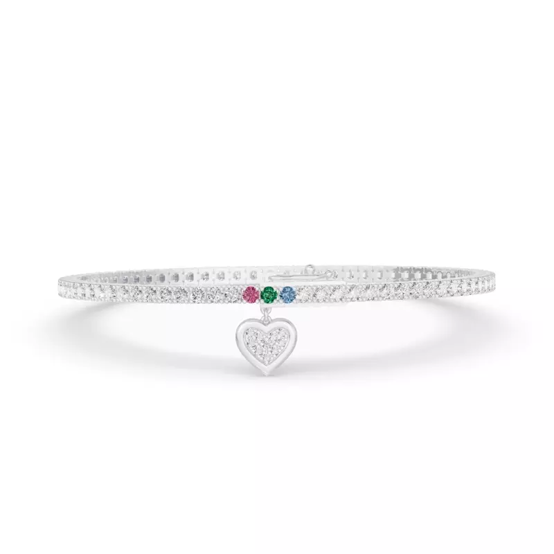 14K White Gold Heart Charm Lab Diamond Tennis Bracelet
