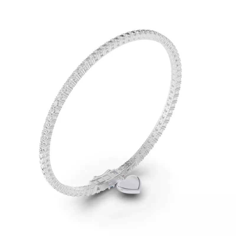 14K White Gold Heart Charm Lab Diamond Tennis Bracelet