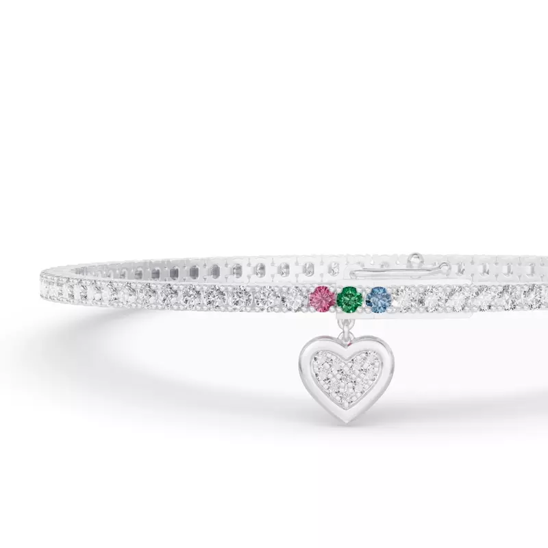 14K White Gold Heart Charm Lab Diamond Tennis Bracelet